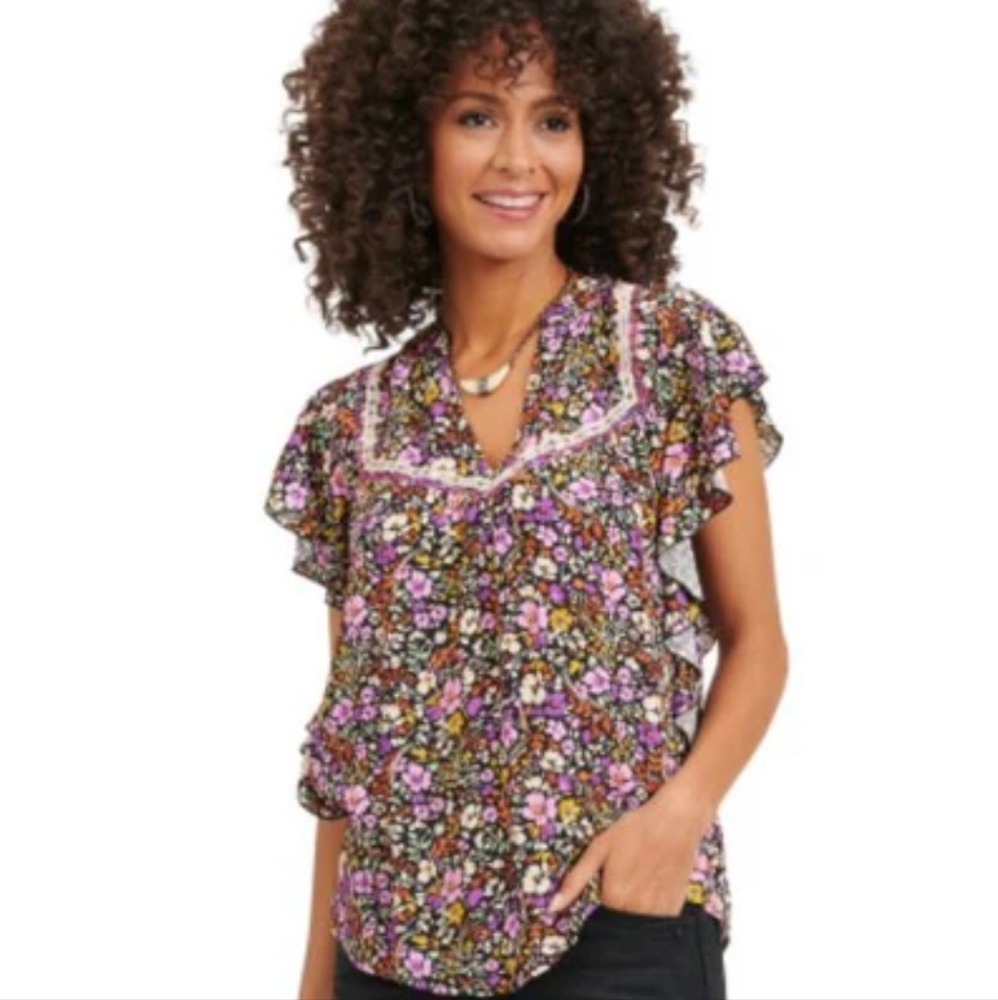 Purple Floral Flutter Short Sleeve Top By Democracy Wit & Wisdom